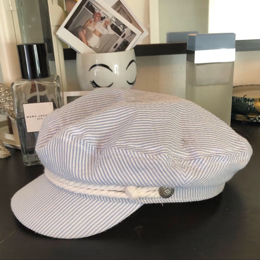 Baby blue mini white striped Brixton newsboy hat